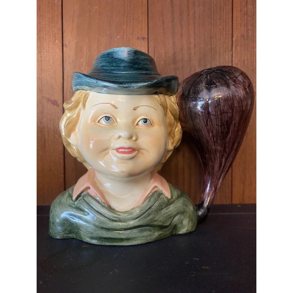 2 Vintage Jug Head Figural Girl Boy Vase Mug w/vegetable Radish Eggplant handle